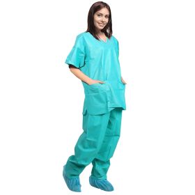 Teal Disposable Scrubs Top and Bottom, Small. Pack of 5 Disposable Scrubs Set. Anti-Static 42 GSM SMS Medical Suit with 3 Pockets, V-Neck
